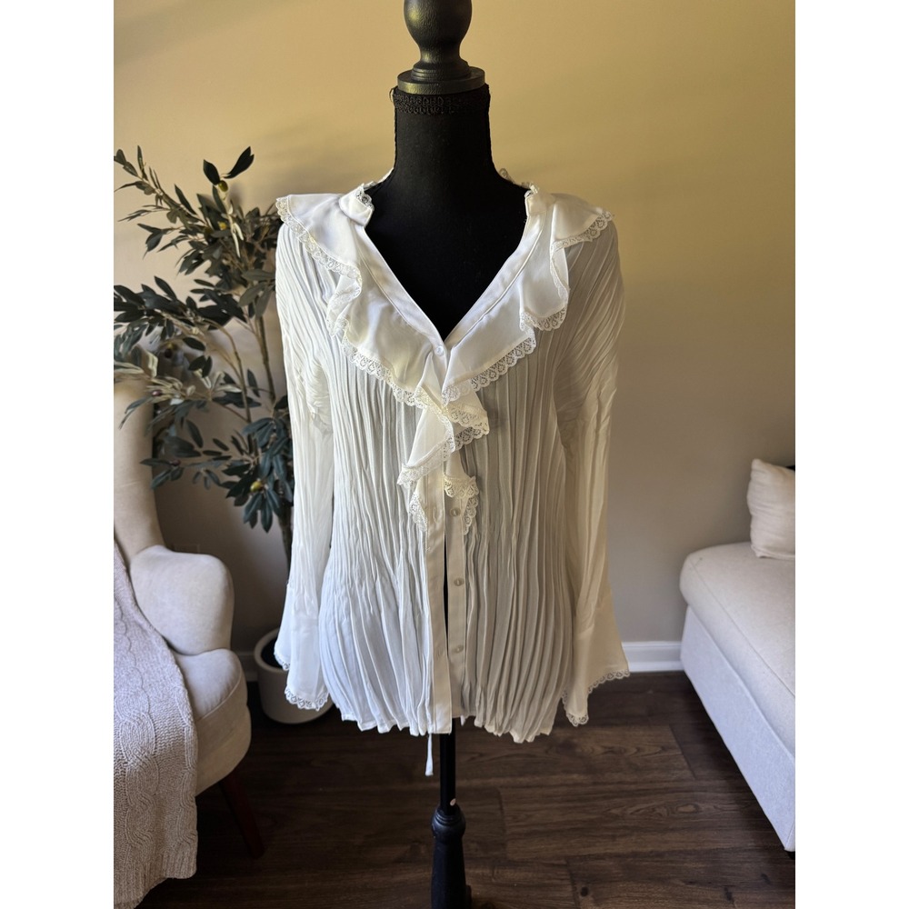 Allison Taylor White Pleated Ruffle Lace Trim Blouse XL Tie Back Button Front